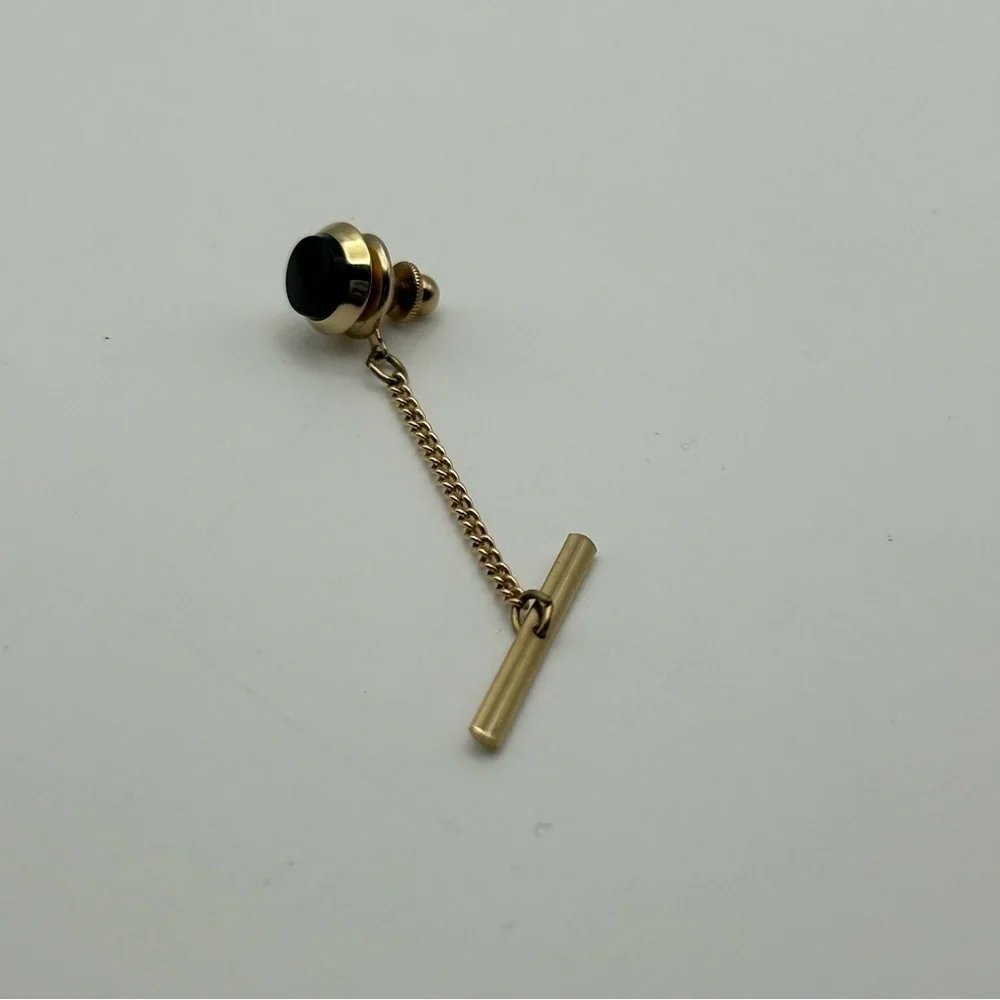Men's Round Faux Black Stone Tie Tack with Gold Tone Chain Classic Elegant